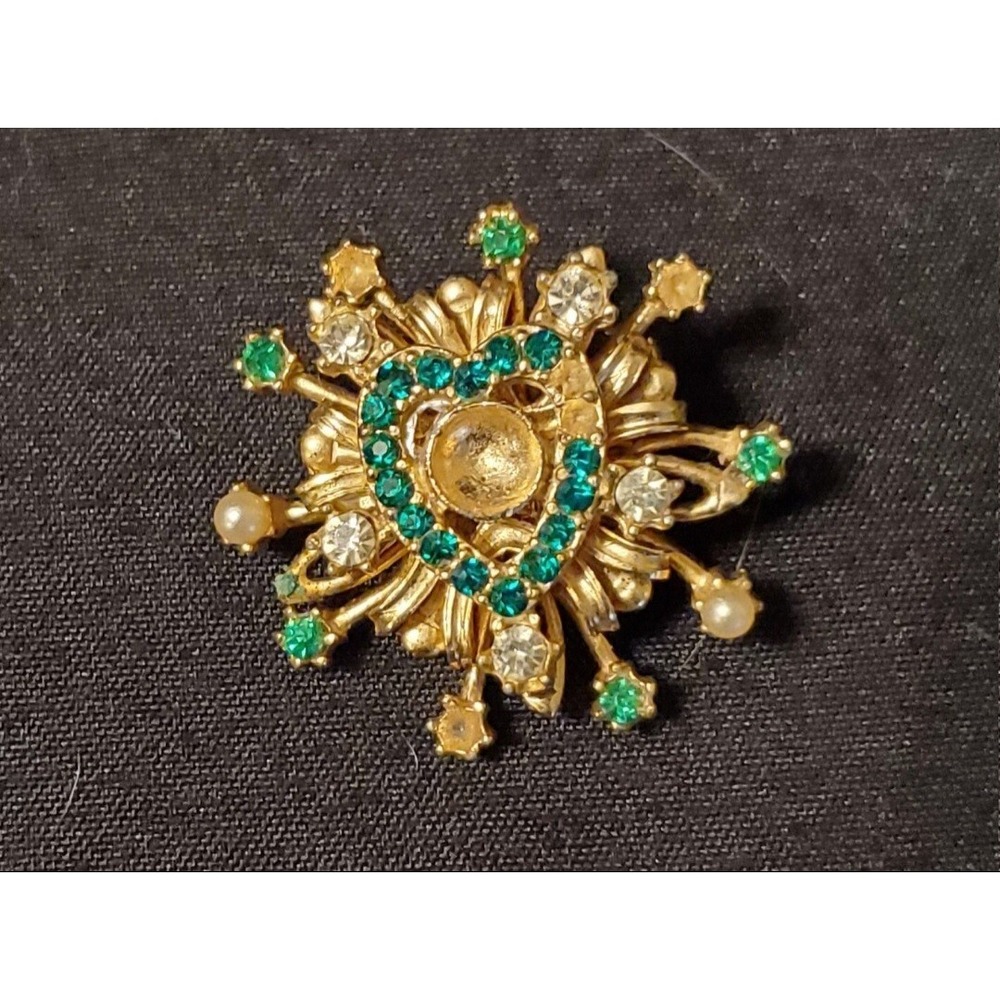 Vintage 1950s Gold Green Rhinestone Heart Pin Brooch - Picture 3 of 6